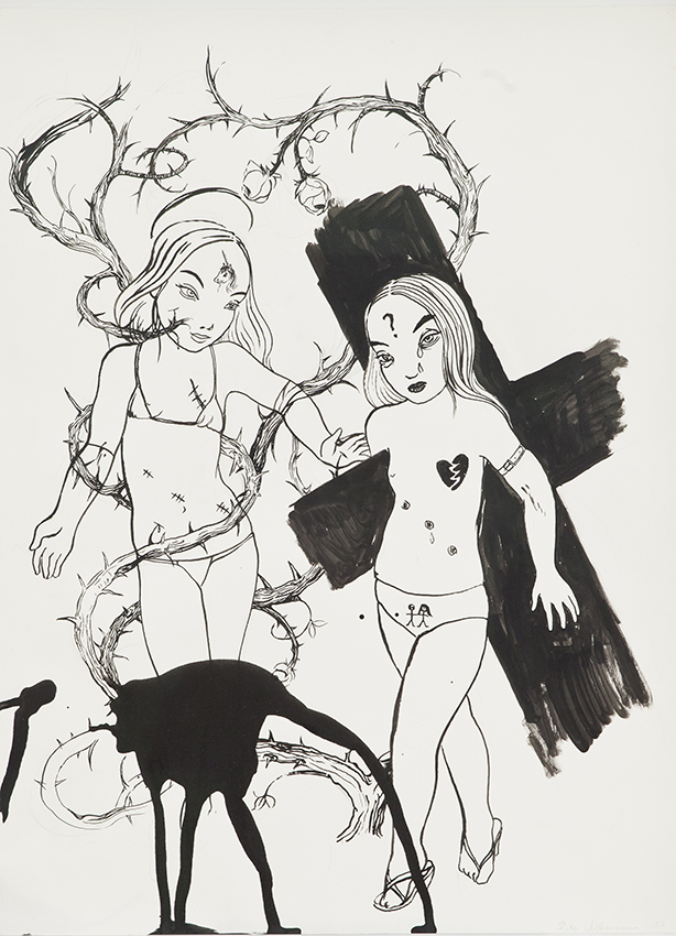 Rita Ackermans nymflika kvinnofigurer i svart och vit målning.