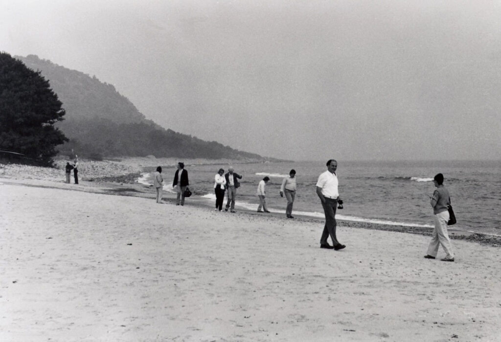 En stor grupp personer går längs med en strand.