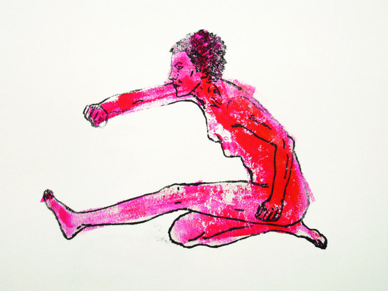 Ritad bild av Nancy Spero, bilden föreställer en kvinna med kort lockigt hår sittandes på ena benet med det andra benet sträckt rakt fram. Kvinnan är ritad med svarta linjer och ifylld med rosaröd färg.