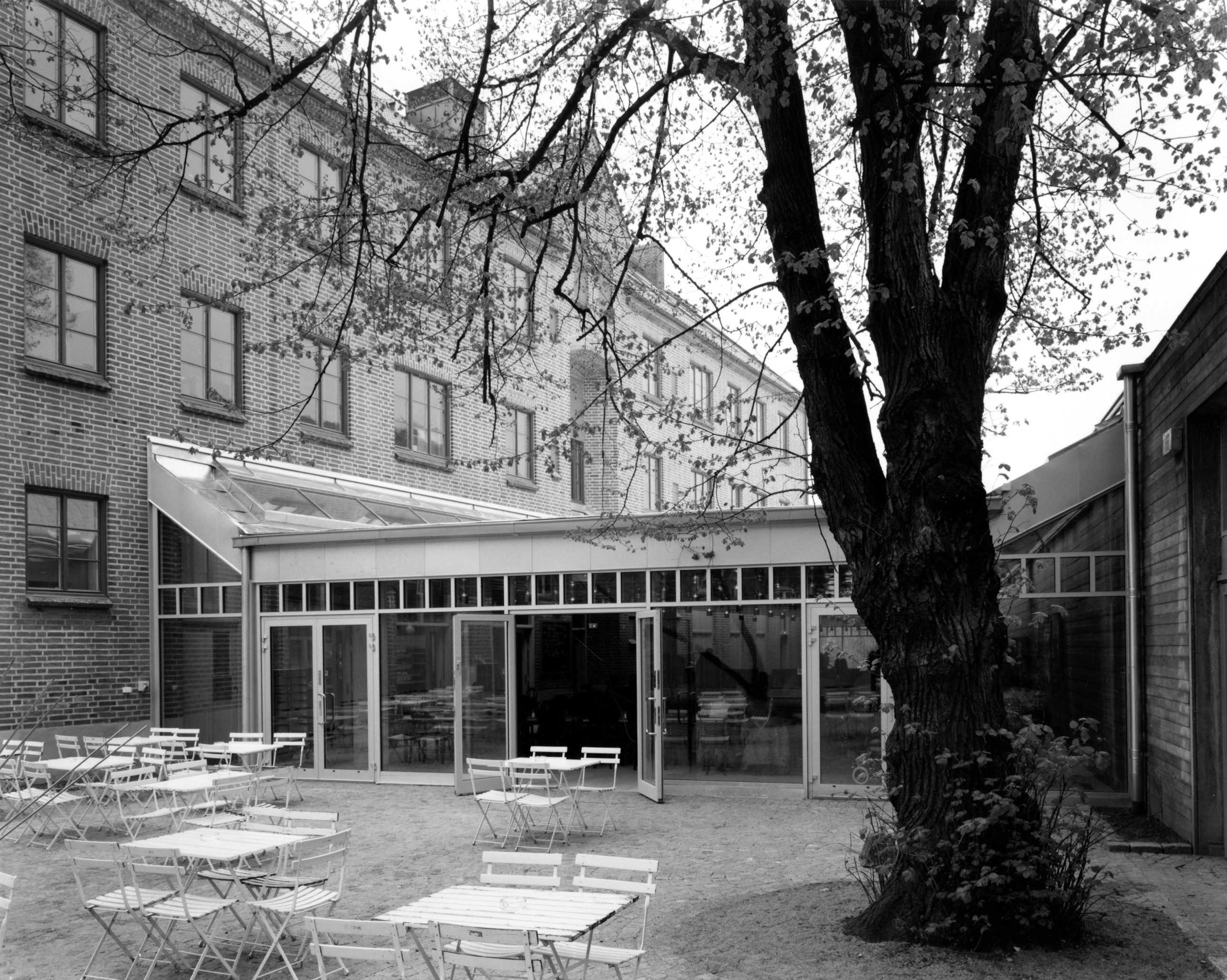 Bilden visar en innergård med ett stort träd tillsammans med bord och stolar. Gården är omgiven av en tegelbyggnad samt en modern utbyggnad med stora glasfönster.