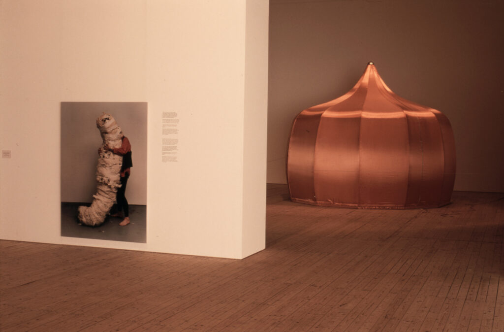 Installationsbild av Jana Sterbaks utställning på Malmö Konsthall. En skulptur och ett foto.