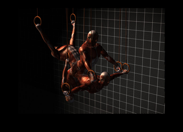 Verk av Magnus Wallin – mörk bild med digitalt ritat utseende, kanske stillbild av animation. En röd kropp rör sig runt i ringar mot ett vitt rutnät i bakgrunden.