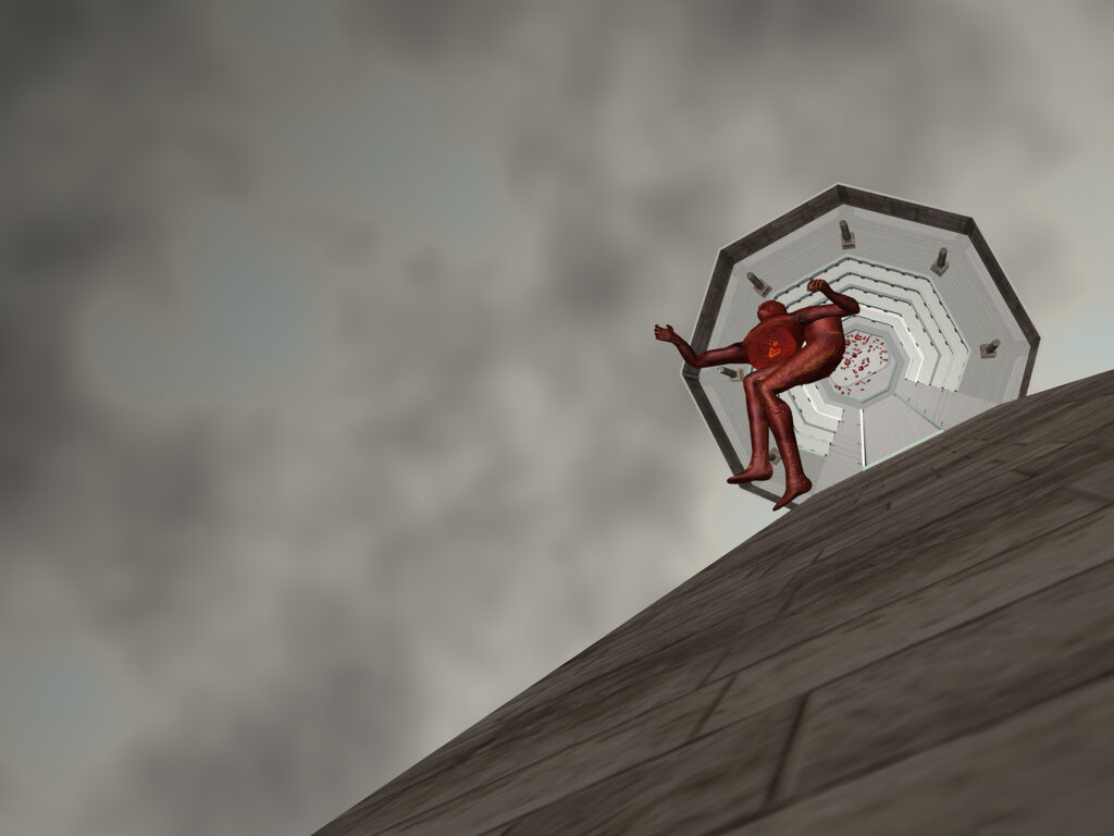 Verk av Magnus Wallin – bild med digitalt ritat utseende, kanske stillbild av animation. En röd kropp, en grå vägg och en molnig himmel.