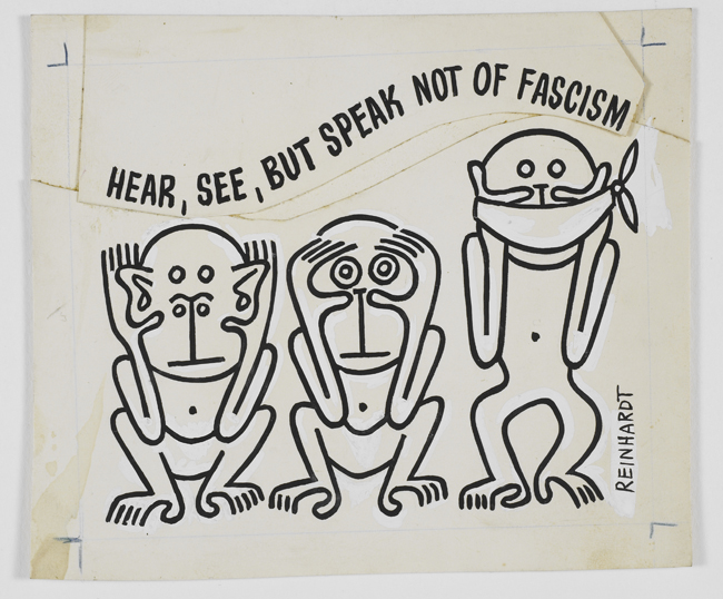 Teckning av tre små apor och texten "Hear, se, but speak not of fascism".