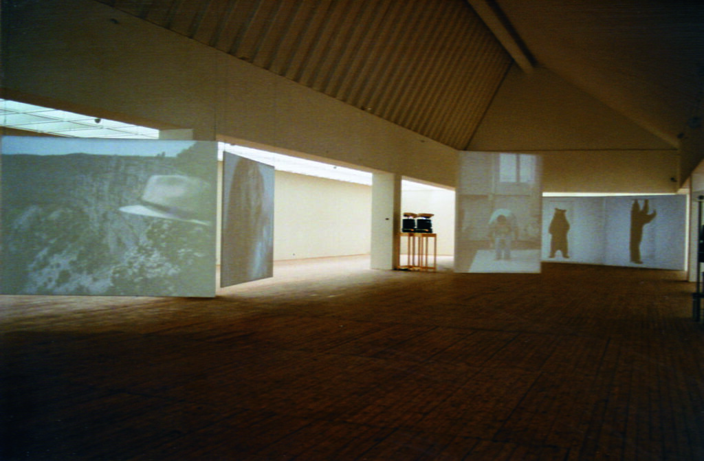 Vybild över Marijke van Warmerdams utställning. Fyra videos visas på stora dukar i konsthallen.