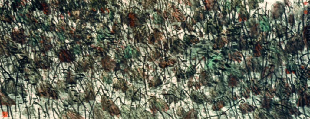 Teckning från utställningen Modernt tuschmåleri från Kina. Svarta streck på vit bakgrund som är färglagd med grön och brun färg.