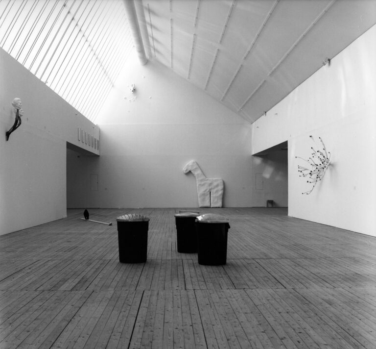 Miljöbild över Not Vitals utställning. I mitten av bilden står ett verk av tre svarta tunnor. Bakom dem, på väggen, finns ett vitt stort verk föreställande en varelse med två ben och lång hals.