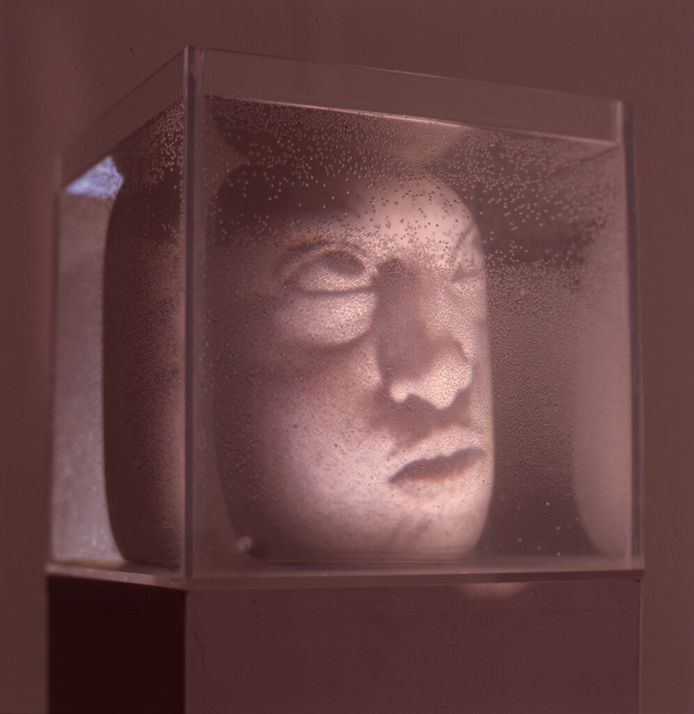 En närbild av en glaskub fylld av vatten på en piedestal, med ett projiserat ansikte som syns inuti kuben.