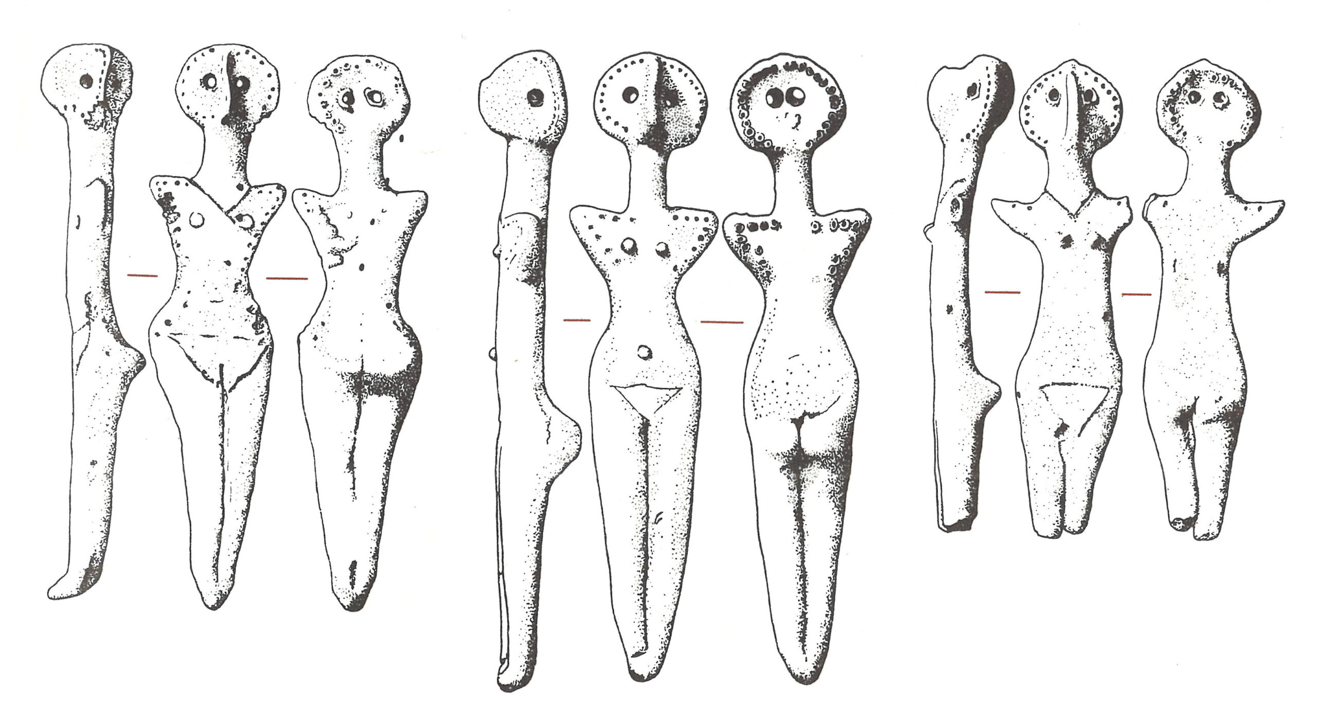 9 medeltida kvinnofigurer uppradade; svartvit