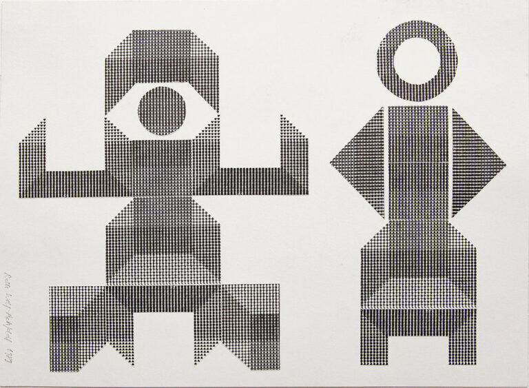 Närbild av ett av Ruth Wolf Rehfeldt verk uppbyggt av skrivmaskintext. Prickar bildar två figurer..