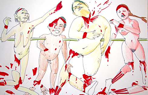 Teckning föreställande fyra blödande människor sammankopplade via en stång