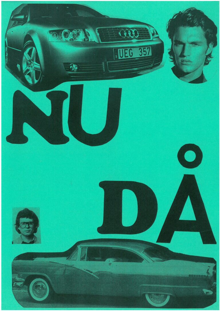 Blå bild med svart text och utklippta bilder av manshuvuden och bilar