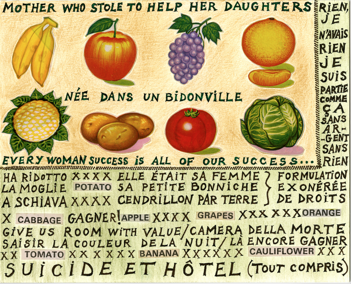 Färgglatt collage i gult, rött och grönt med frukter.