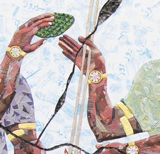 Närbild av ett av Michael Rakowitz färgstarka verk i papir maché.