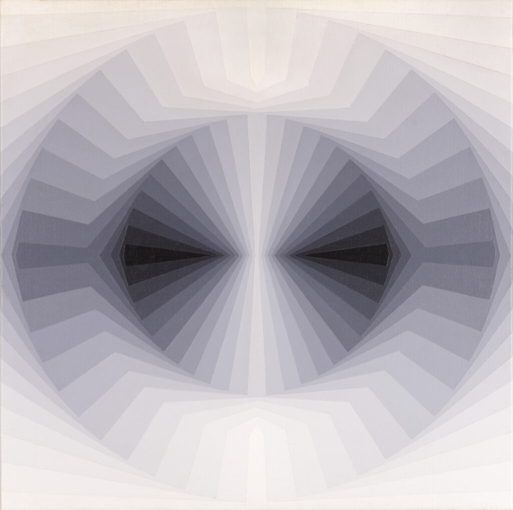 Grafisk, grå målning med 3D-effekt av Inger Ekdahl.