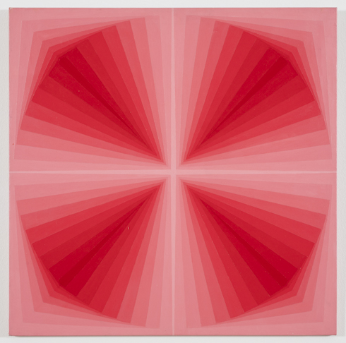 Grafisk, röd målning med 3D-effekt av Inger Ekdahl.
