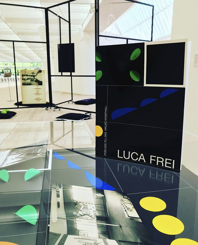 Bild av Luca Freis publikation framför några av hans verk i konsthallen.