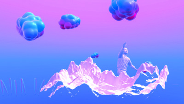 Blå rosa bakgrund med moln, bergskedja och en person i samma färgskala