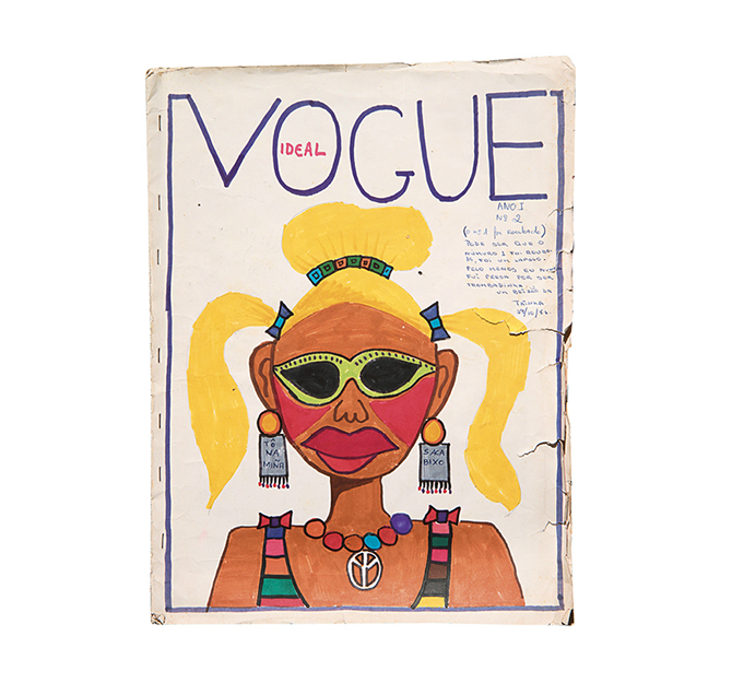 Charming drawing in bold colors of a person wearing sunglasses on the cover of Vogue magazine.