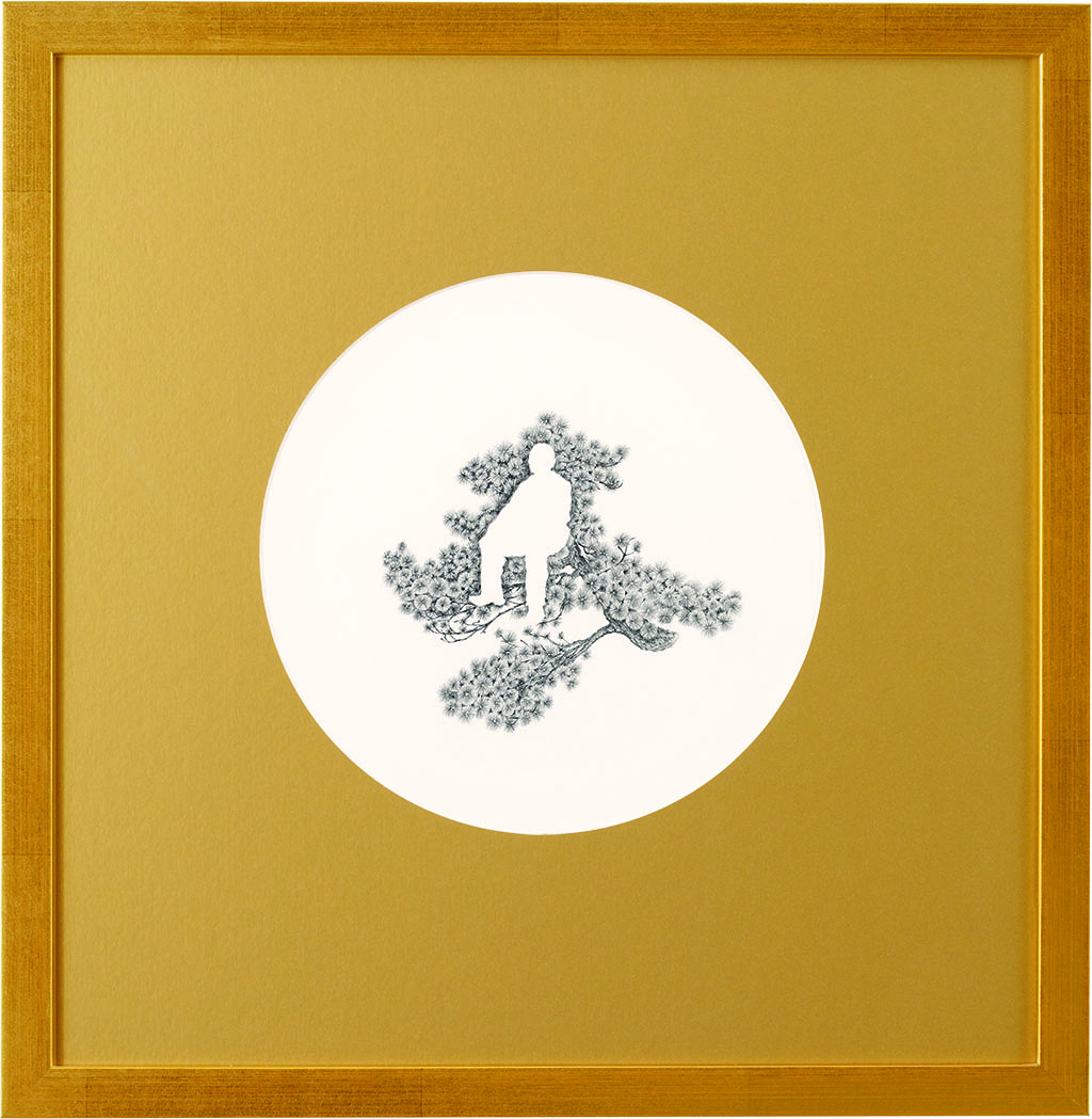 Framed picture of a intricately drawn pine tree, within which an outlined silhouette of a seated person emerges.