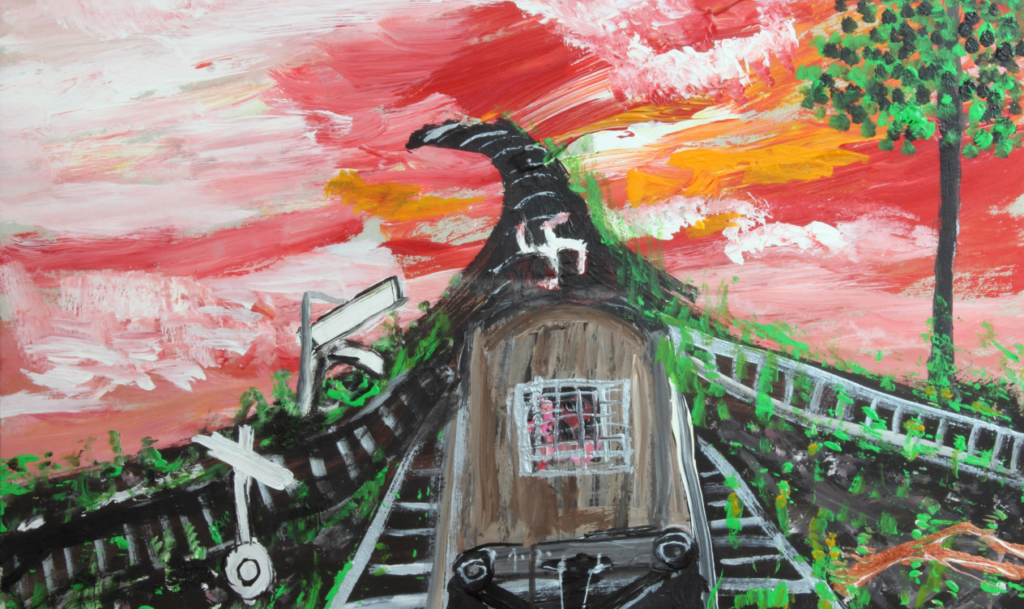 Målning, brunt tåg med svastika symbol åker på ett räls. Himlen runt omkring är färgad röd