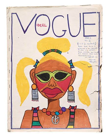 Charming drawing in strong colors of a person in sunglasses on the cover of Vogue magazine.