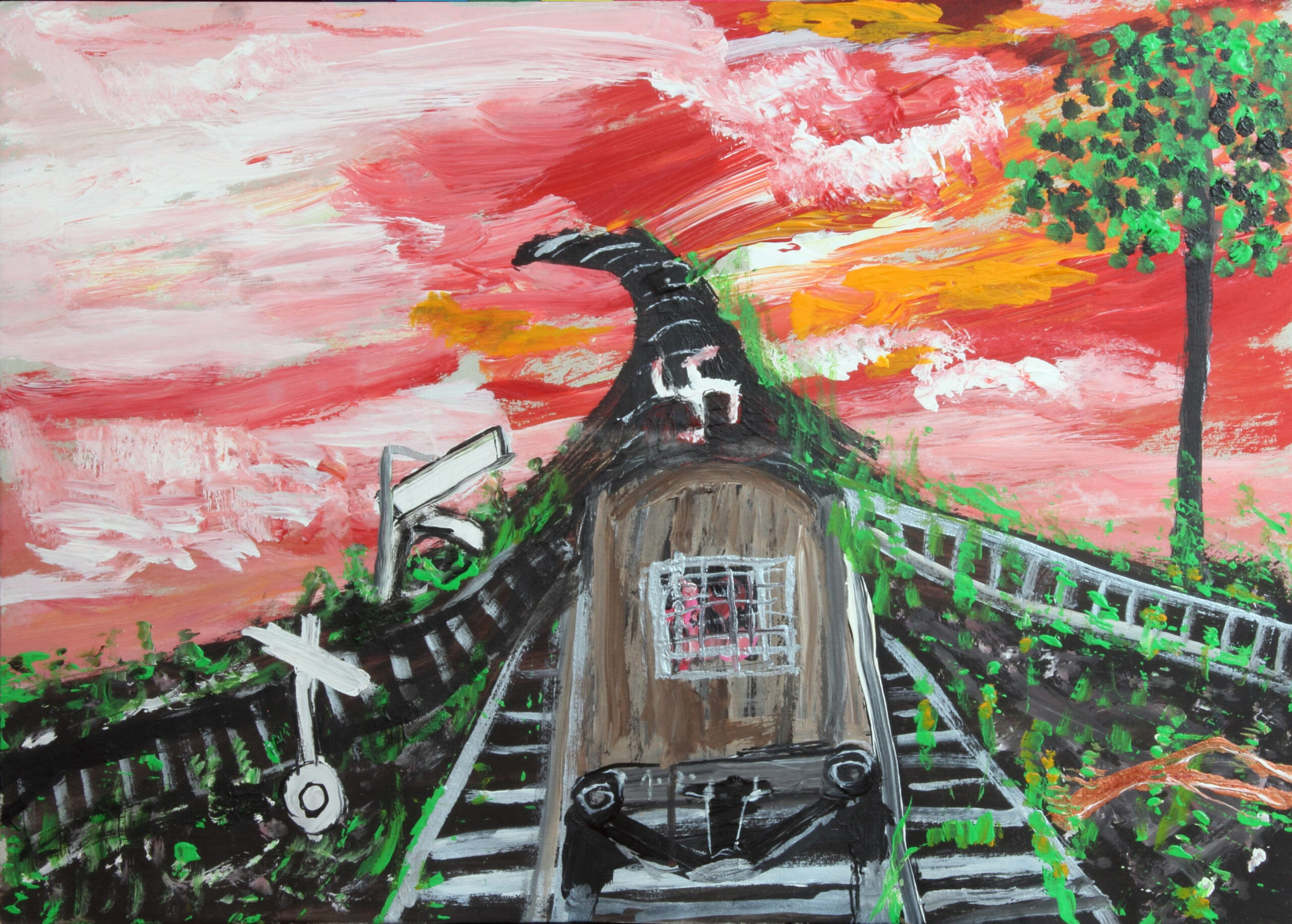 Naivistisk målning av ett svart tåg med gallerfönster på väg mot ett hakkors och en himmel i rött och gult.