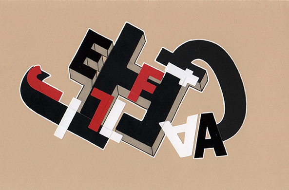 Graphic image of letters in red, black, and white on a sandy-colored background.