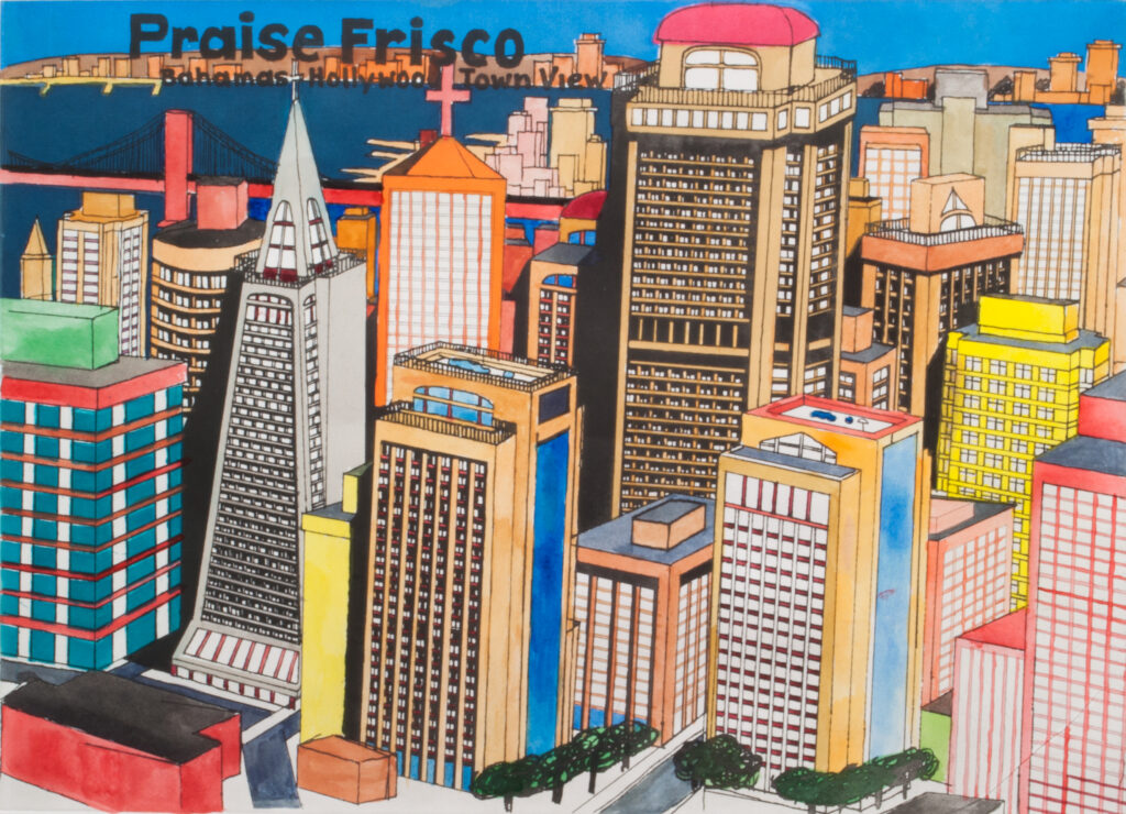 Colorful painting with skyscrapers painted by William Scott with the text Praise Frisco.