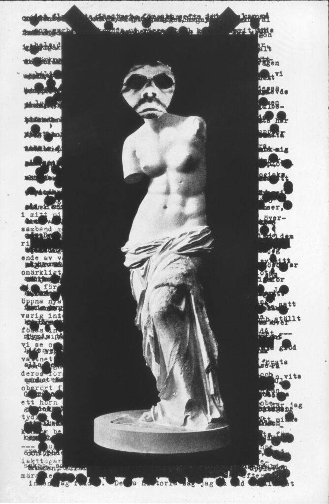 Black and white collage with a cut-out sculpture on a black background. Åke Hodell's face adorns the sculpture.