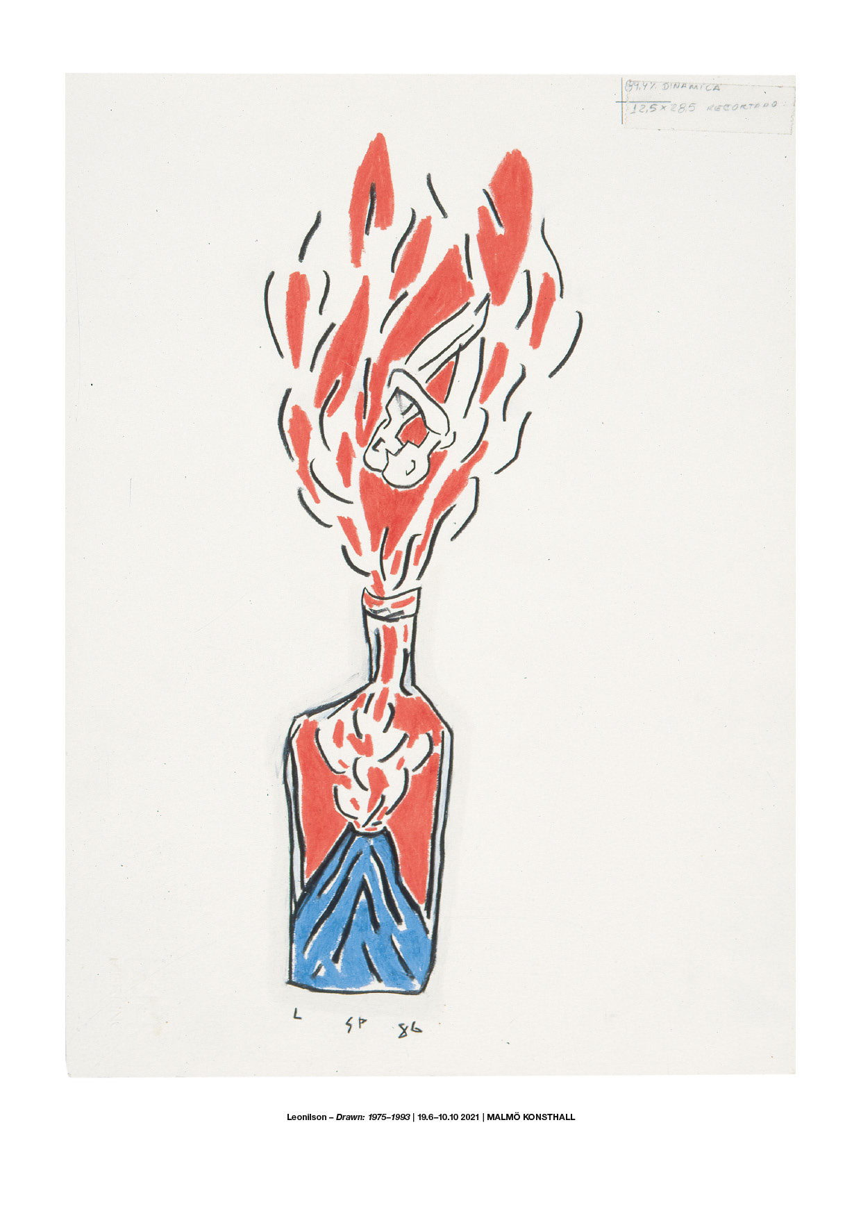 Poster Leonilson. Flaska med blå vulkan inuti som sprutar ut röd eld