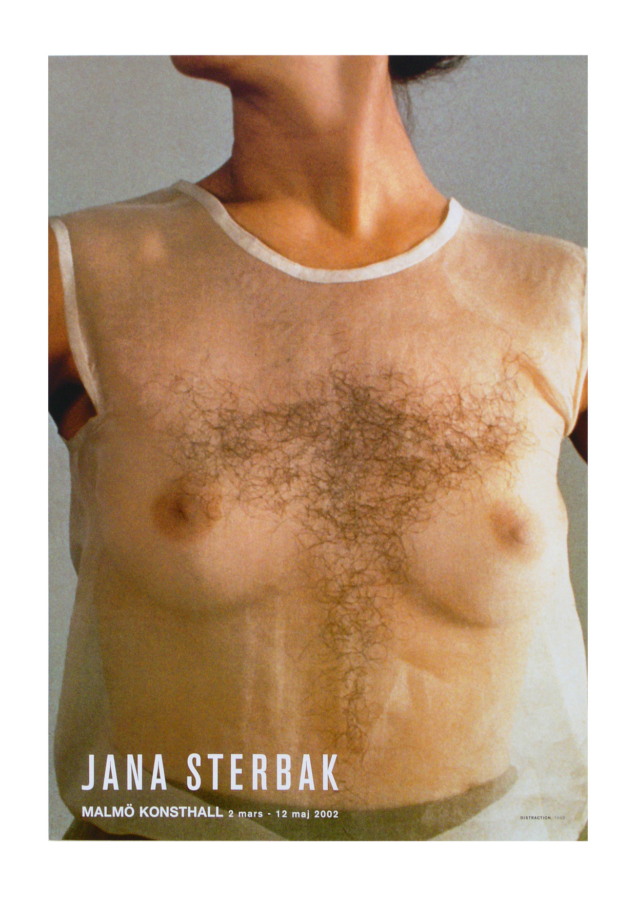 Utställningsposter Jana Sterbak 2002. Fotografisk bild av kvinnobyst klädd i en hårig, transparent topp.