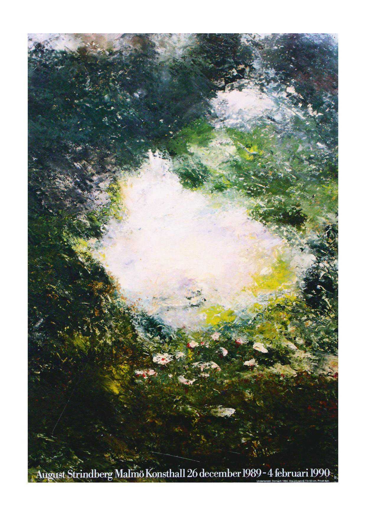 Poster Strindberg, 1989-90. Impressionistisk målning i gröna och vita nyanser.
