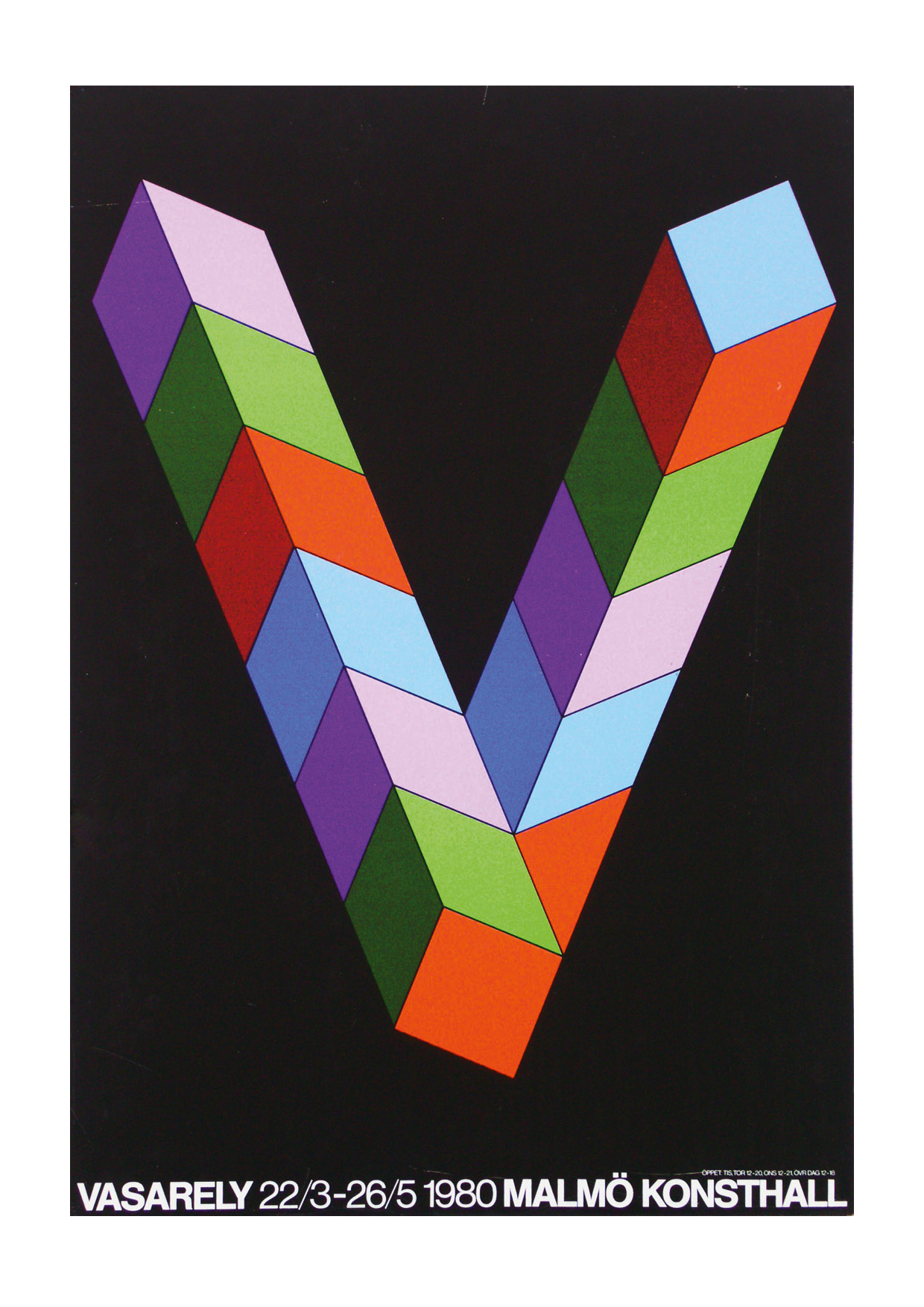 Poster "Vasarely" 1980. Grafisk 3D bild, ett V, i lila, grönt, rött och blått på svart bakgrund.