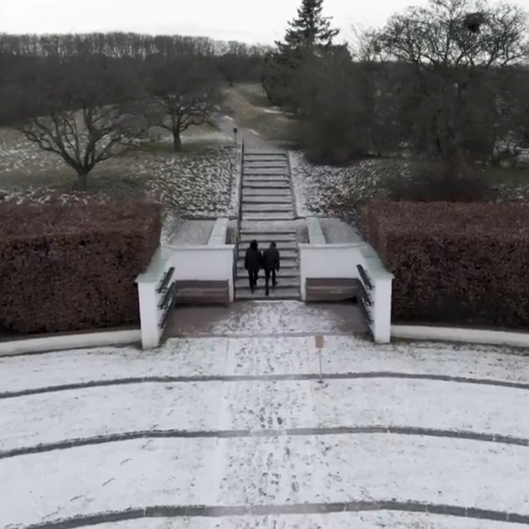 Bild tagen ovanifrån, ett par går upp för en gammal trappa i en park.
