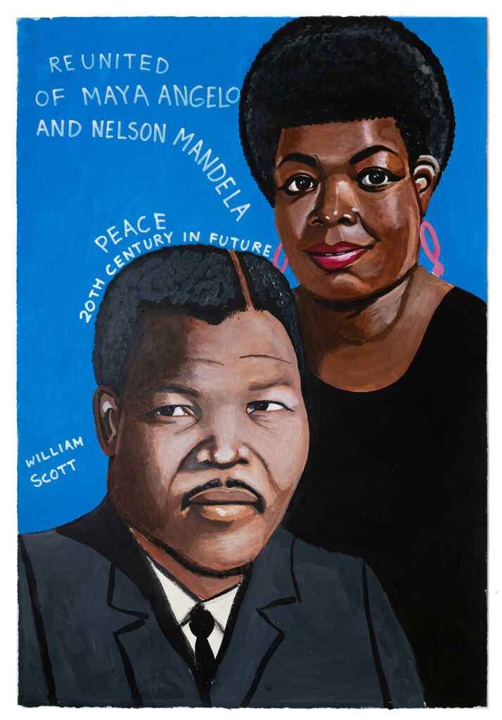 Färgstark målning av konstnären William Scott föreställande Nelson Mandela och Maya Angelo.