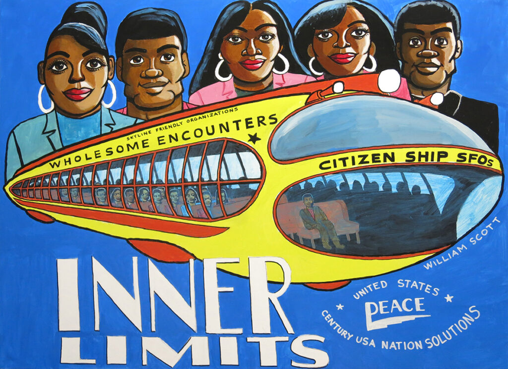 A vibrant painting in blue, yellow, and red by the artist William Scott depicting a sort of spaceship, the text 'Inner Limits,' and a row of characters.