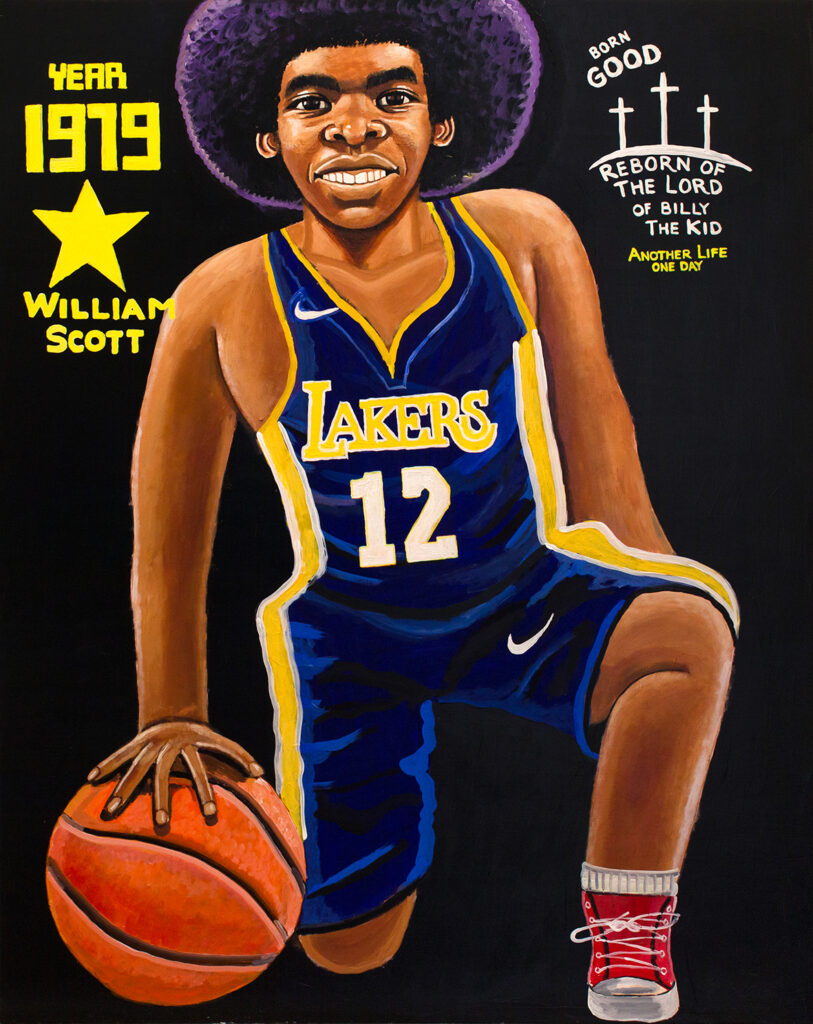 Färgstark målning av konstnären William Scott föreställande en basketspelare ur laget Lakers.