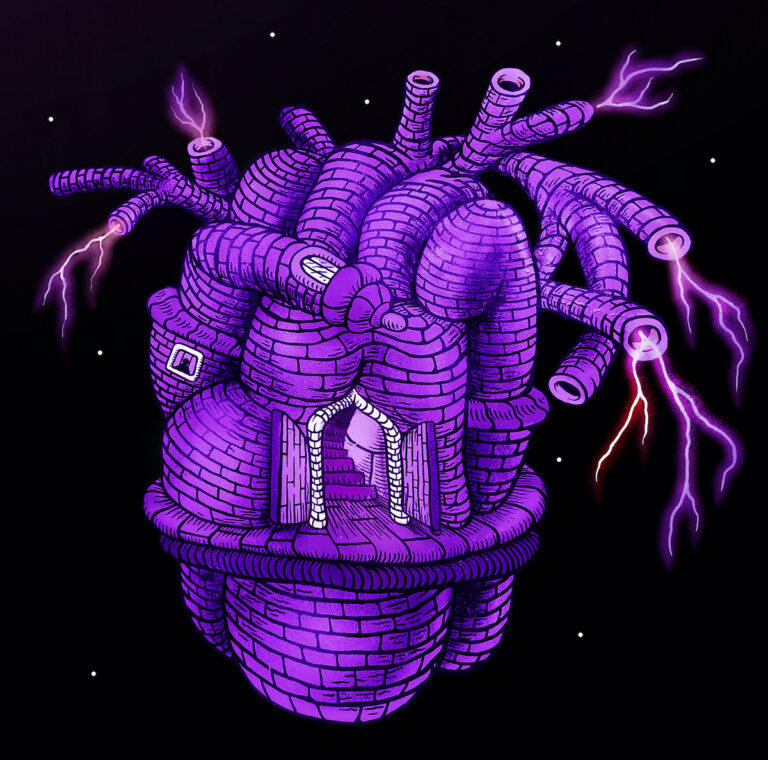 A painting of a metamorphosis of a purple heart and a house. The background is black.