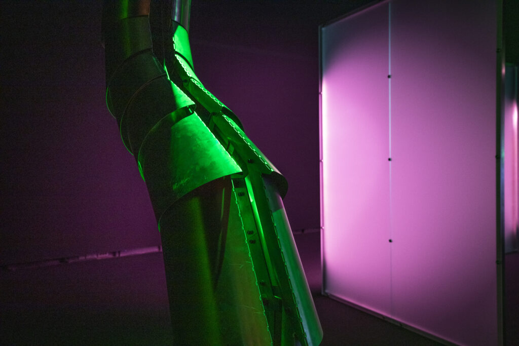 Image of a sculpture surrounded by green and pink light