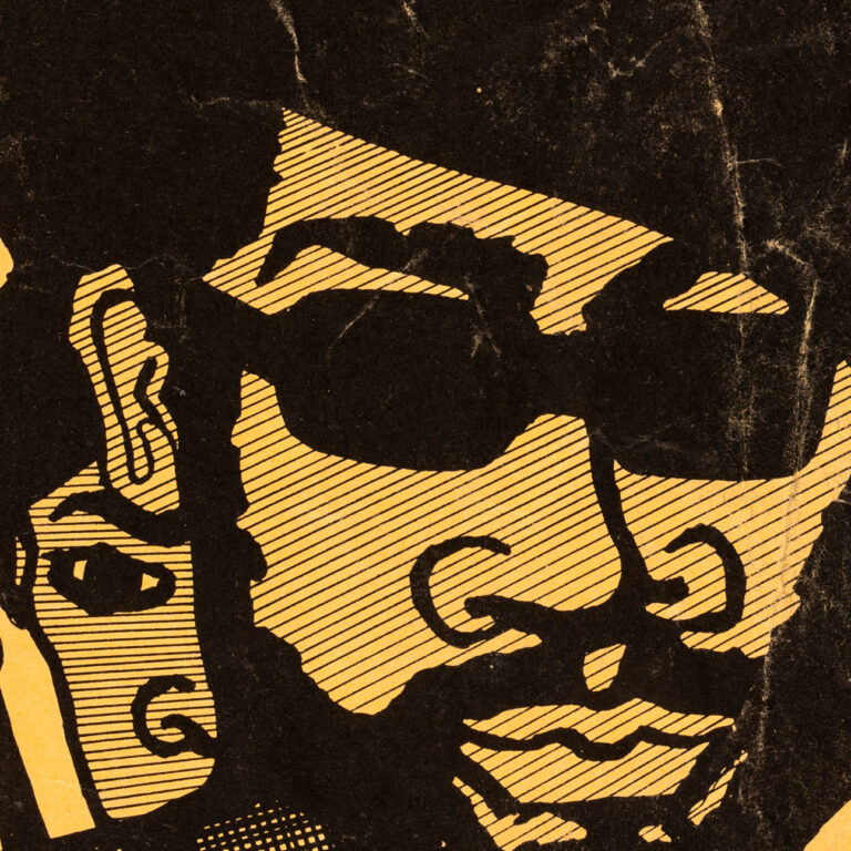 Närbild av ett omslag till en tidning. Bilden är gul och svart och föreställer en svart man med solglasögon