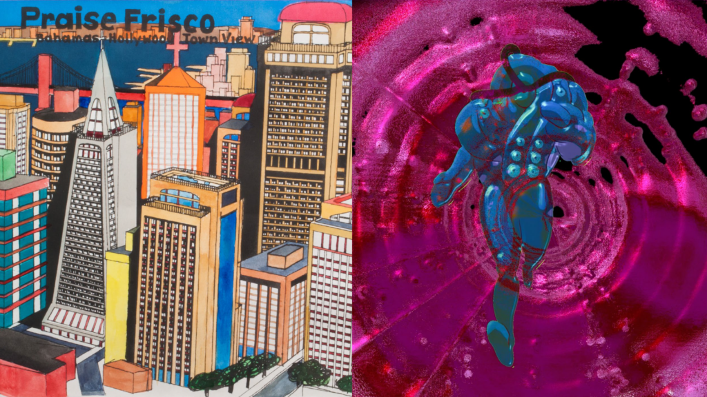 Colorful drawing of a cityscape and a blue muscular figure in a video game-like environment.