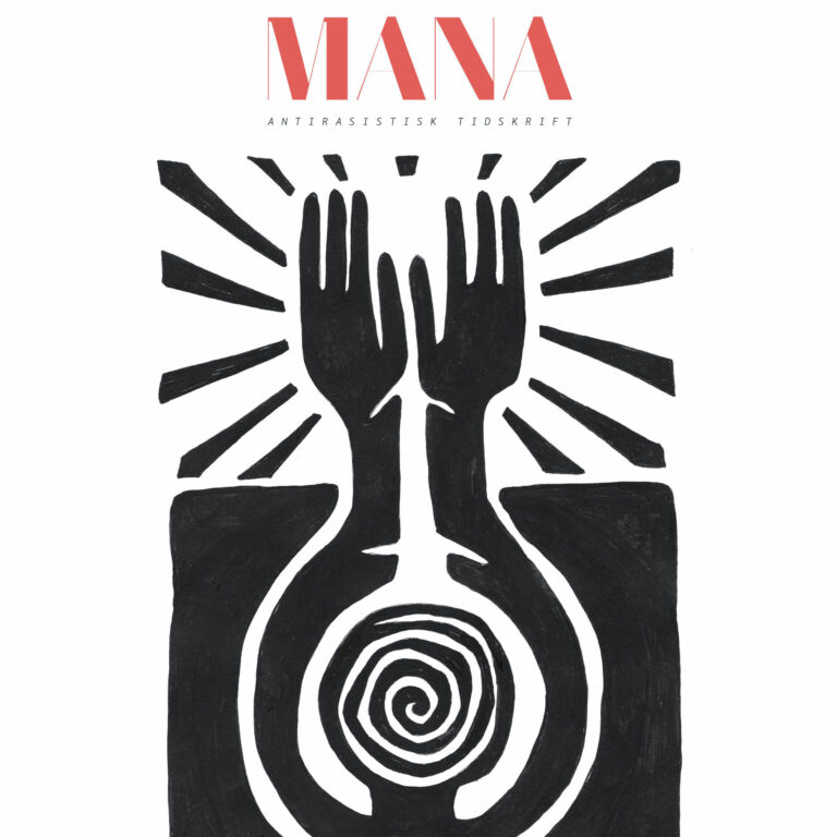 Svartvit omslagsbild för tidsskriften Mana med texten "Mana" i rött