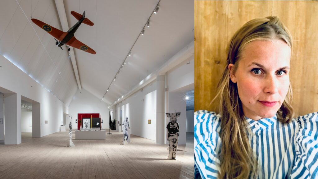 Två foton: Konsthallen under utställning och selfie på ung kvinna i ljust blont hår och randig blus