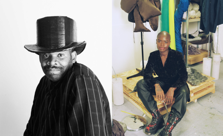 Porträttbild av William Scott i hatt och Sandra Mujinga i sin ateljé