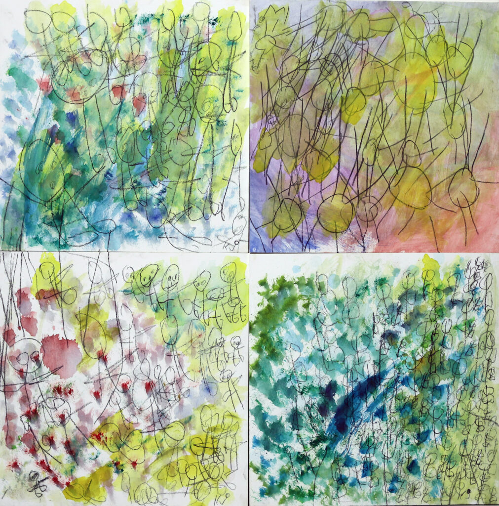 Fyra färgglada teckningar som ser ut att vara målade med vattenfärg och krita