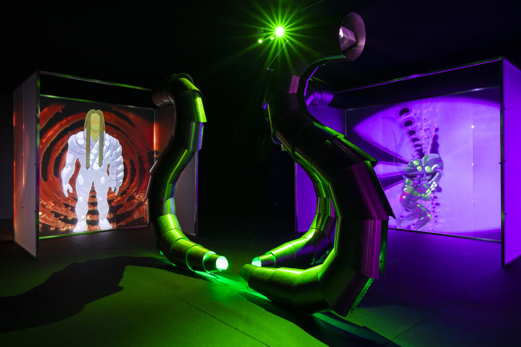 A work inspired by science fiction with metallic pipes in the foreground and two screens featuring characters resembling video game characters in the background. The color palette is purple, green, blue, and black.