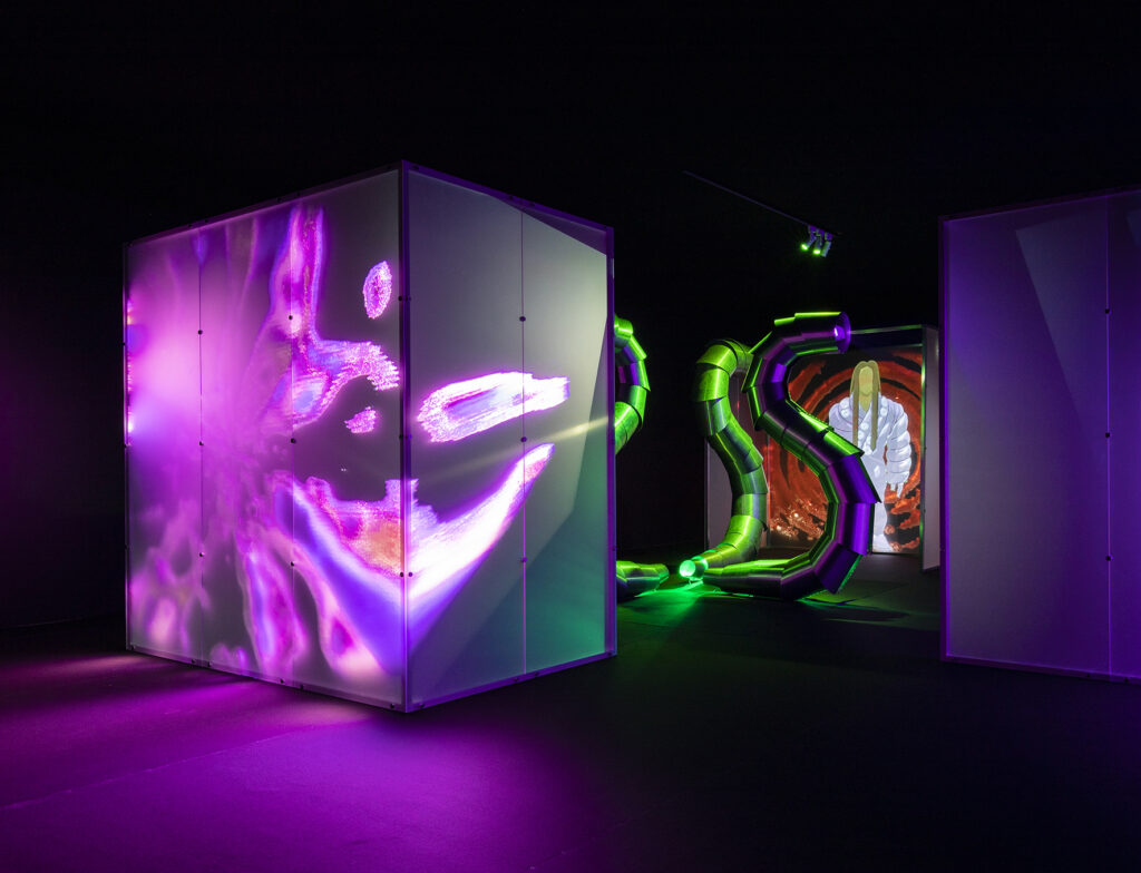 A work inspired by science fiction with a large light cube in the foreground and metallic pipes in the background. The color palette is purple, green, blue, and black.