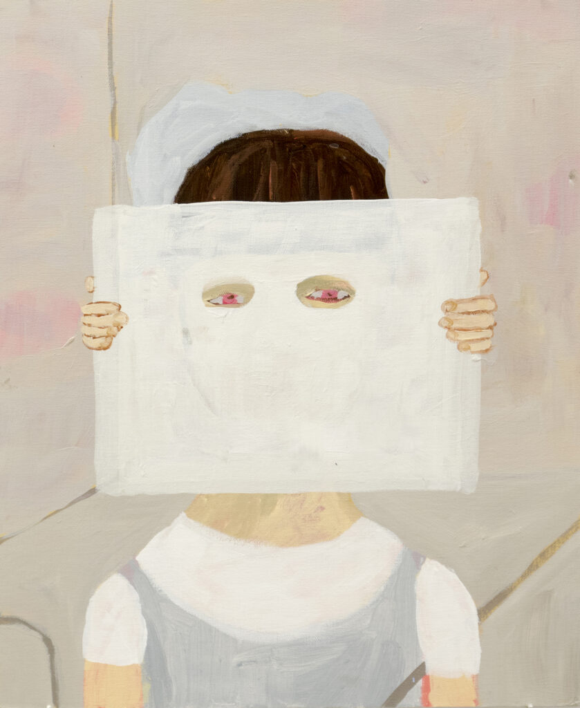 Pastellig målning av flicka som tittar genom en vit rektangel. Någon annan håller rektangeln framför hennes ansikte.