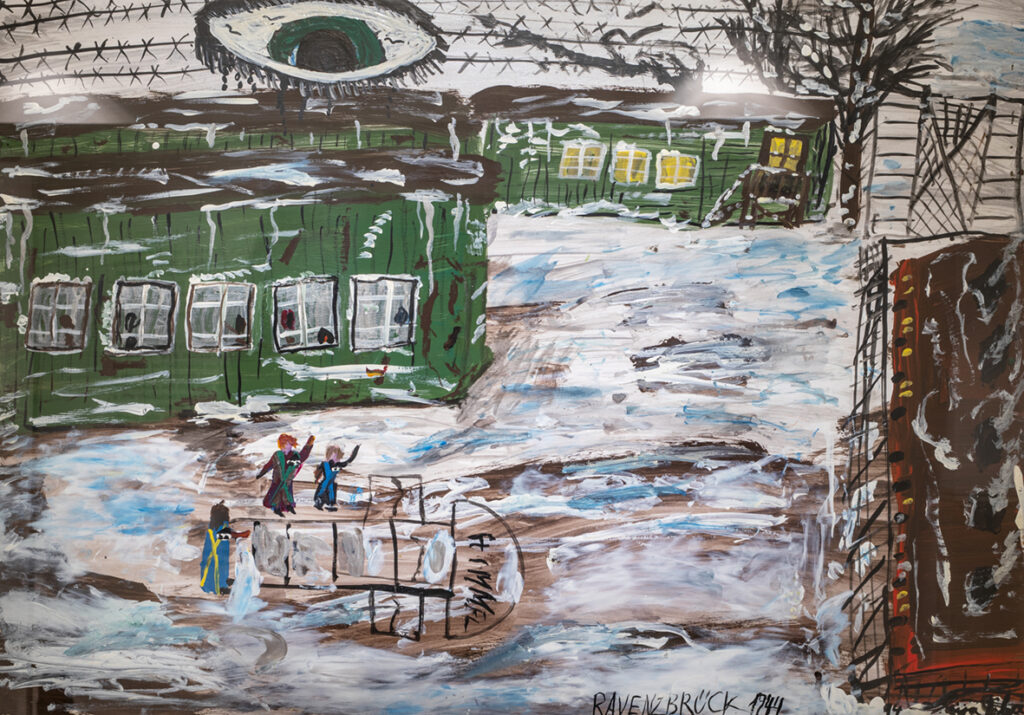 Painting of a concentration camp from above, green barracks, a large eye, and children playing in the mud.